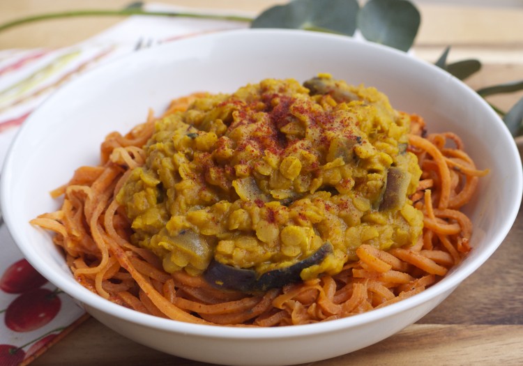 Baked Sweet Potato Noodles with Red Lentil Coconut Dahl Rosanna