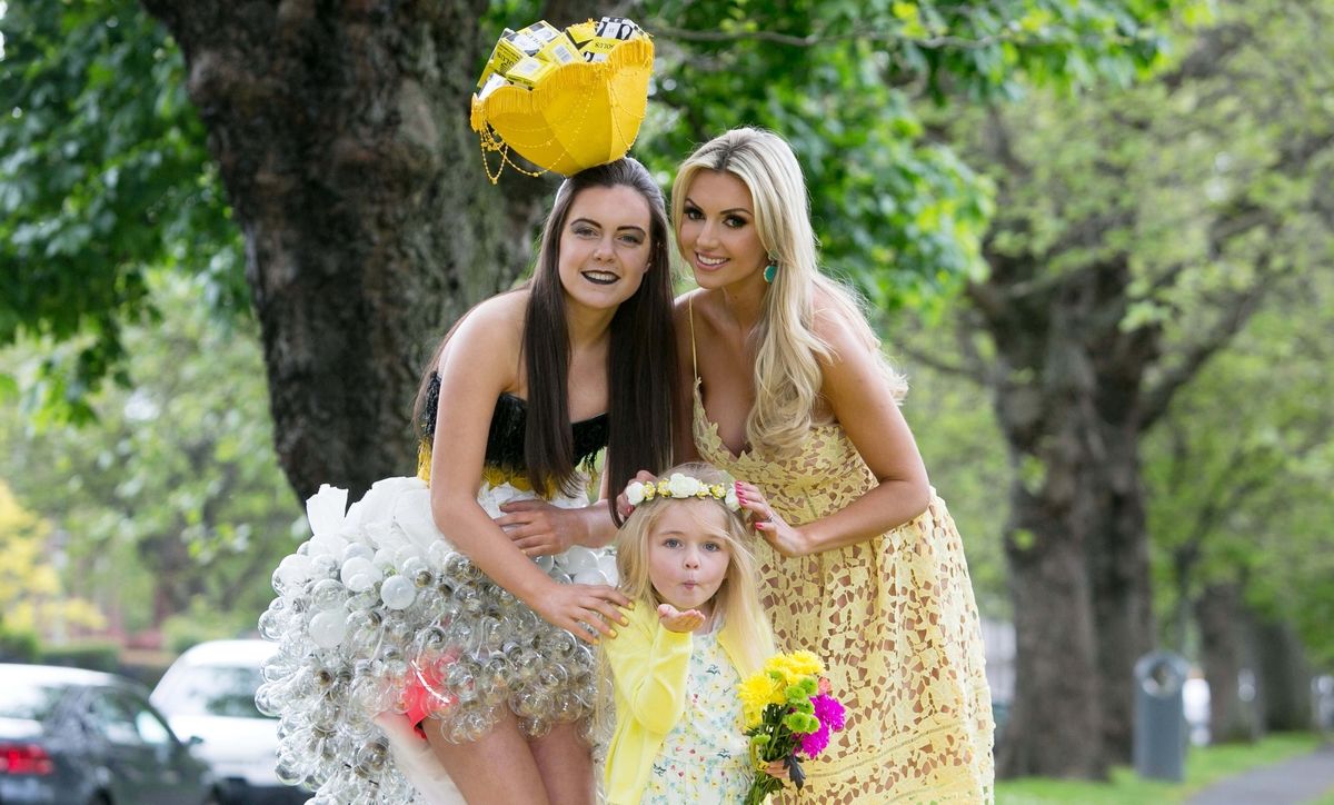 ***NO FEE PIC *** 23/05/2016 (L to R) Ciara Flaherty (16),Annabelle Smith (6) & Former Miss World Rosanna Davison launch the search for Solus Brightest at Bloom from the yellow carpet at Mespil Road, Dublin. On Sunday June 5th at 2pm at the Solus Garden at Bloom in the Phoenix Park, the Brightest at Bloom will be chosen on the yellow carpet from ten finalists. Solus Brightest at Bloom is a nod to ladies day but all-inclusive, open to ladies, gentlemen, children and all sunny dispositions young  and not so young! It is not just about fashion but more about luminosity, brightness and light. See details on Solus Facebook Page to enter. Photo: Gareth Chaney Collins