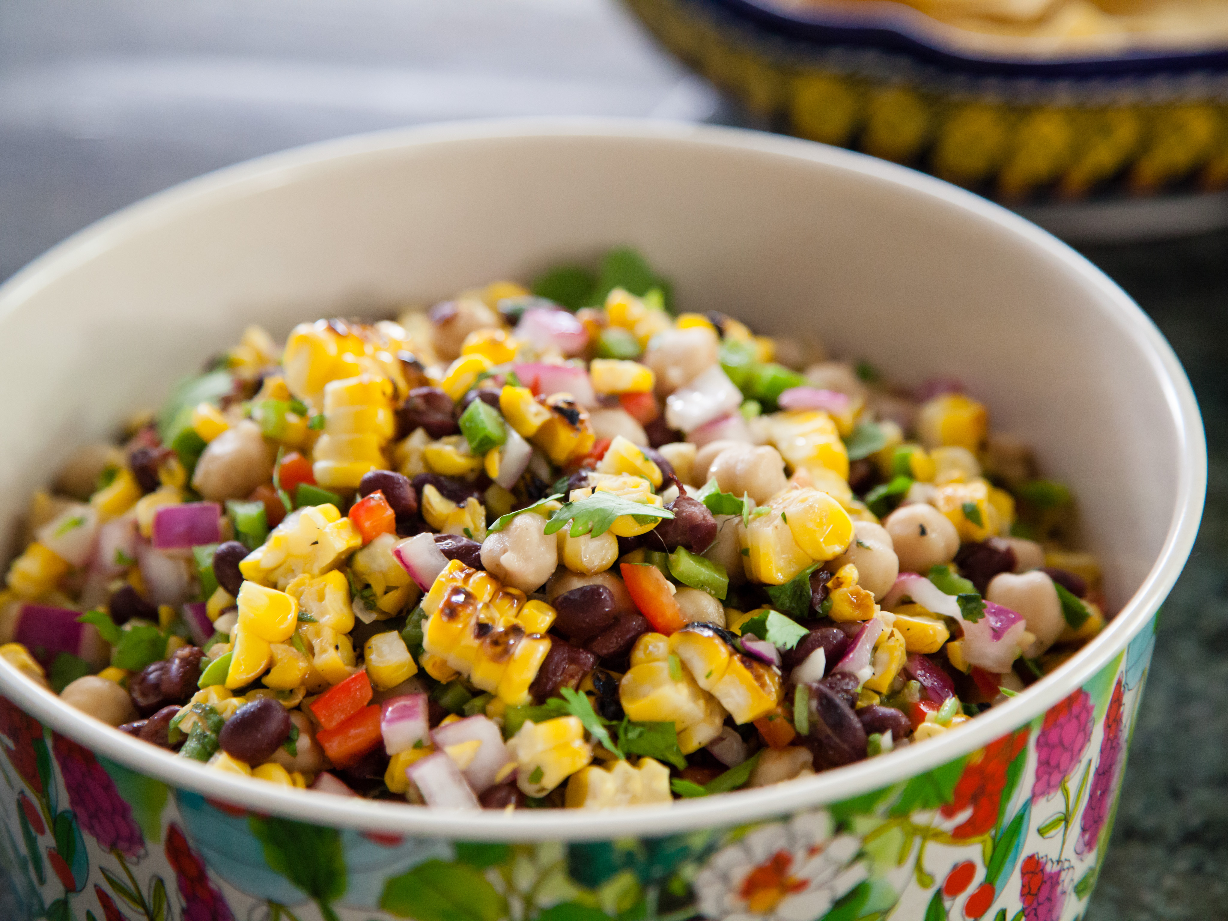 Roasted corn and bean salad, a favorite of host Valerie Bertinelliâs stepdaughter, Angela, as prepared on Valerieâs Home Cooking.