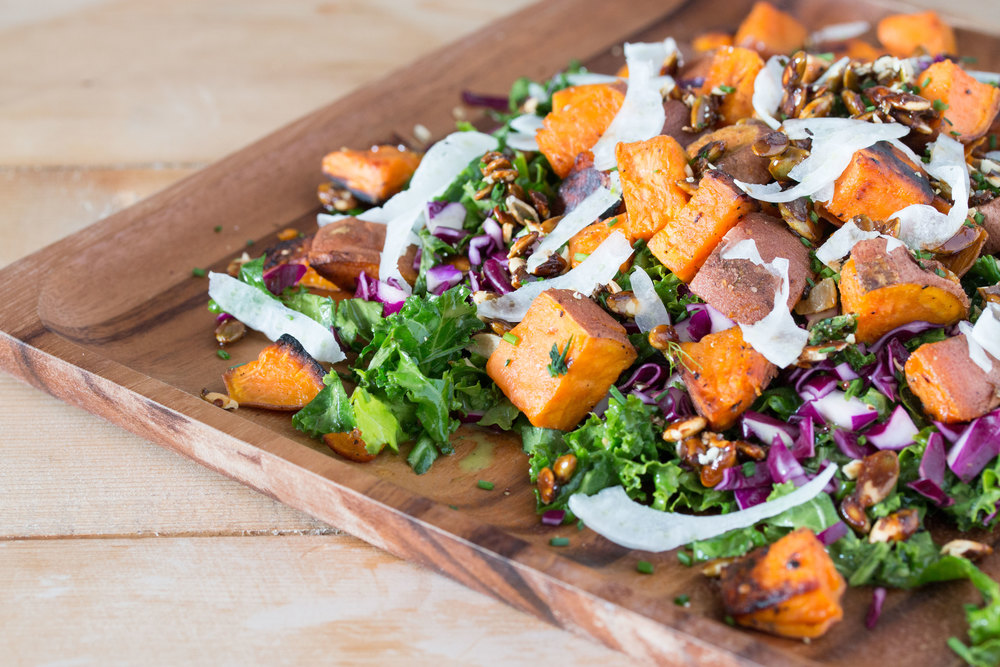 roasted+sweet+potato+kale+salad+with+mustard+dill+vinaigrette+#salads+#veganrecipes+#vegan+|+RECIPE+on+hotforfoodblog.com