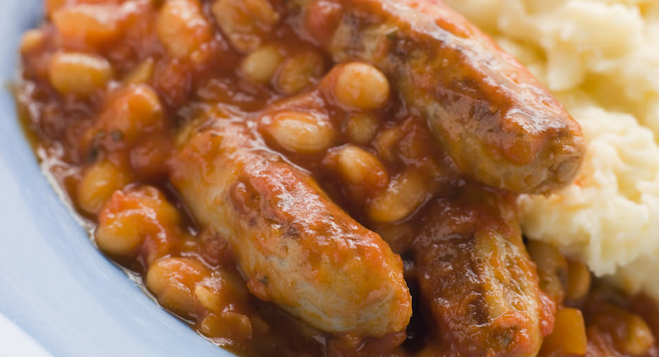 Sausage and Baked Bean Casserole with Mashed Potato and Broccoli