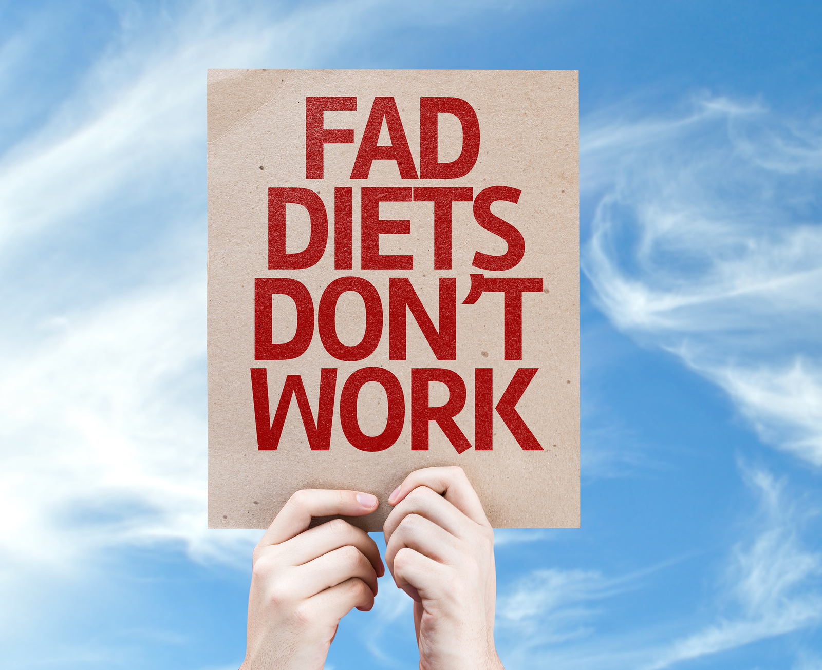 Fad Diets Don't Work card with sky background