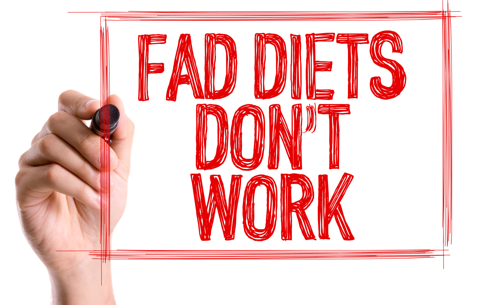 Hand with marker writing the word Fad Diets Don't Work