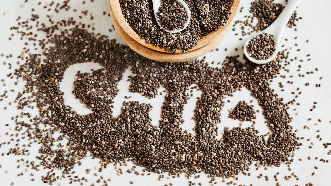 Chia seeds. Chia word made from chia seeds. Selective focus