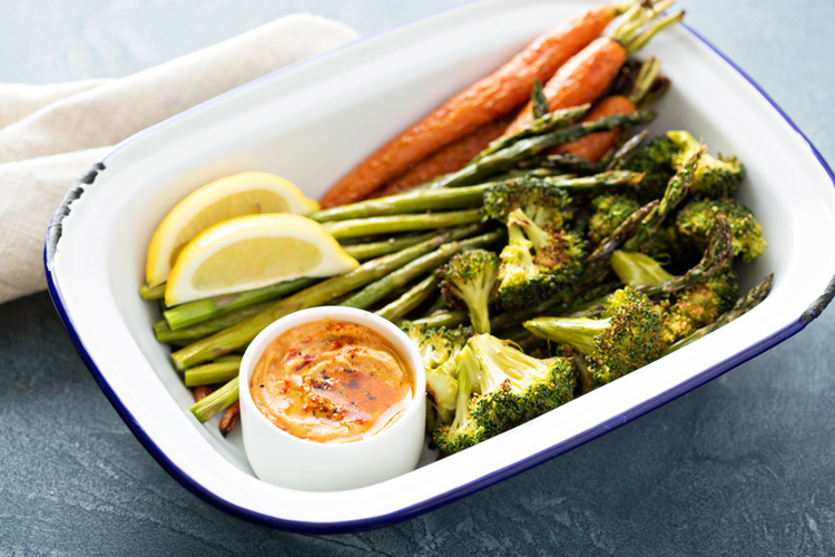 Roasted carrots, asparagus and broccoli with a dip